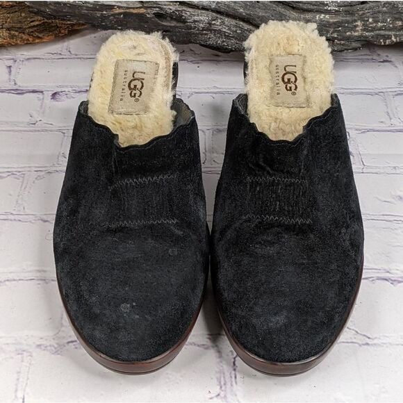 UGG Shearling Lined Black Suede Heeled Mules Clogs - Picture 2 of 14